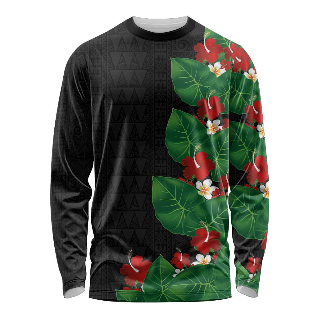 Hawaiian Taro Leaves-Hibiscus and Plumeria Long Sleeve Shirt Polynesian Art-Kakau Tattoo Black