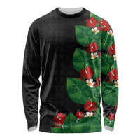 Hawaiian Taro Leaves-Hibiscus and Plumeria Long Sleeve Shirt Polynesian Art-Kakau Tattoo Black