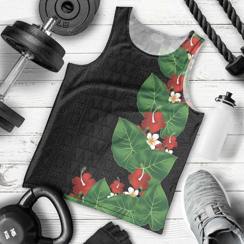 Hawaiian Taro Leaves-Hibiscus and Plumeria Men Tank Top Polynesian Art-Kakau Tattoo Black
