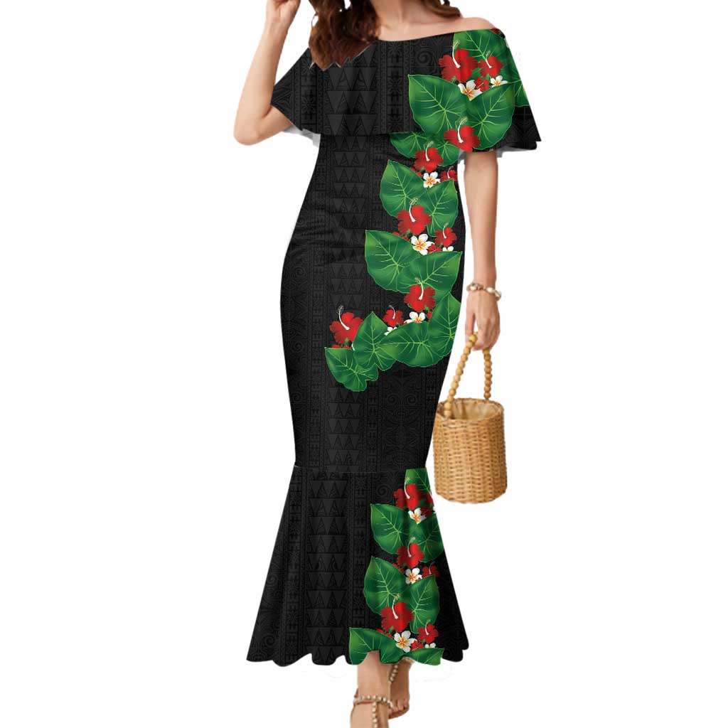 Hawaiian Taro Leaves-Hibiscus and Plumeria Mermaid Dress Polynesian Art-Kakau Tattoo Black