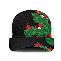 Hawaiian Taro Leaves-Hibiscus and Plumeria Mesh Trucker Cap Polynesian Art-Kakau Tattoo Black