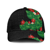 Hawaiian Taro Leaves-Hibiscus and Plumeria Mesh Trucker Cap Polynesian Art-Kakau Tattoo Black