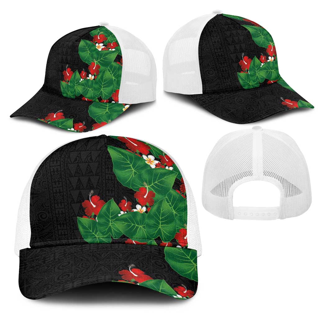 Hawaiian Taro Leaves-Hibiscus and Plumeria Mesh Trucker Cap Polynesian Art-Kakau Tattoo Black