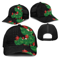 Hawaiian Taro Leaves-Hibiscus and Plumeria Mesh Trucker Cap Polynesian Art-Kakau Tattoo Black