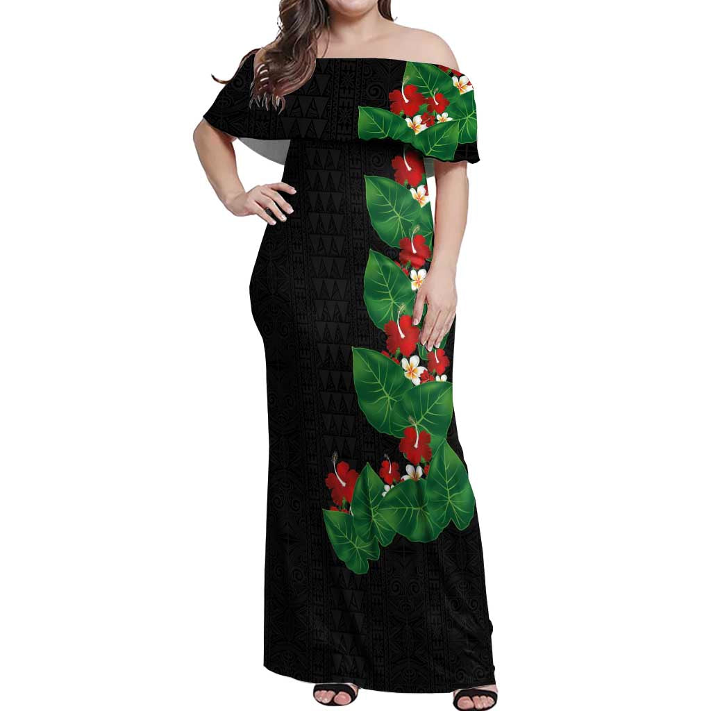 Hawaiian Taro Leaves-Hibiscus and Plumeria Off Shoulder Maxi Dress Polynesian Art-Kakau Tattoo Black