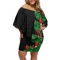 Hawaiian Taro Leaves-Hibiscus and Plumeria Off Shoulder Short Dress Polynesian Art-Kakau Tattoo Black LT03 Women Black - Polynesian Pride