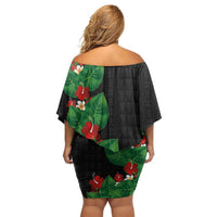 Hawaiian Taro Leaves-Hibiscus and Plumeria Off Shoulder Short Dress Polynesian Art-Kakau Tattoo Black LT03 - Polynesian Pride