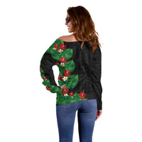 Hawaiian Taro Leaves-Hibiscus and Plumeria Off Shoulder Sweater Polynesian Art-Kakau Tattoo Black