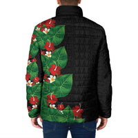 Hawaiian Taro Leaves-Hibiscus and Plumeria Padded Jacket Polynesian Art-Kakau Tattoo Black