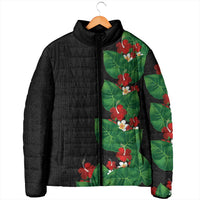 Hawaiian Taro Leaves-Hibiscus and Plumeria Padded Jacket Polynesian Art-Kakau Tattoo Black