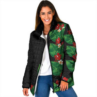 Hawaiian Taro Leaves-Hibiscus and Plumeria Padded Jacket Polynesian Art-Kakau Tattoo Black