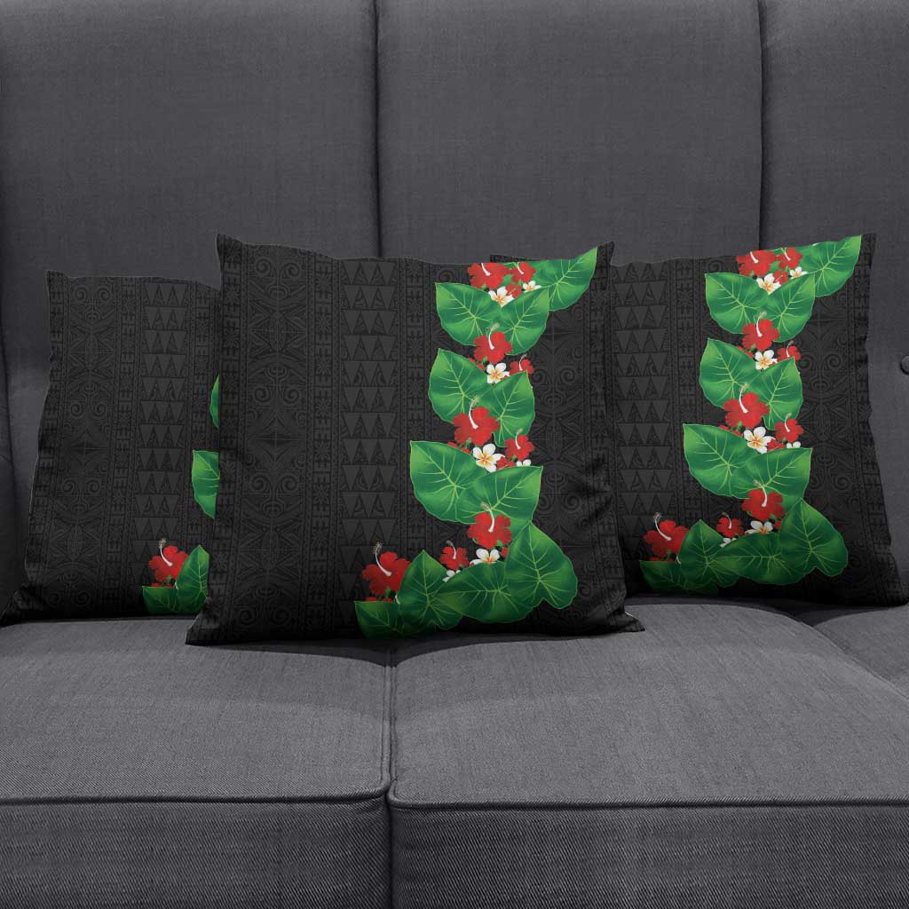 Hawaiian Taro Leaves-Hibiscus and Plumeria Pillow Cover Polynesian Art-Kakau Tattoo Black