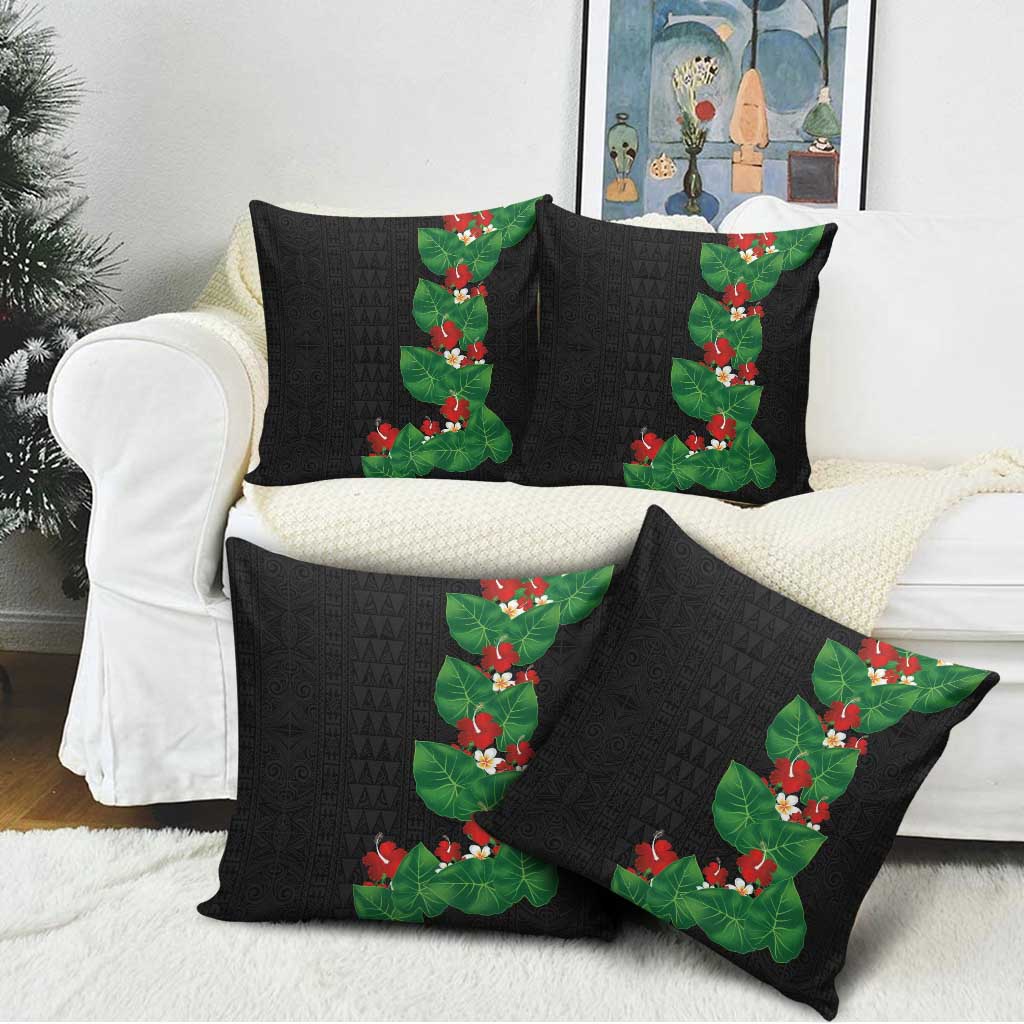 Hawaiian Taro Leaves-Hibiscus and Plumeria Pillow Cover Polynesian Art-Kakau Tattoo Black