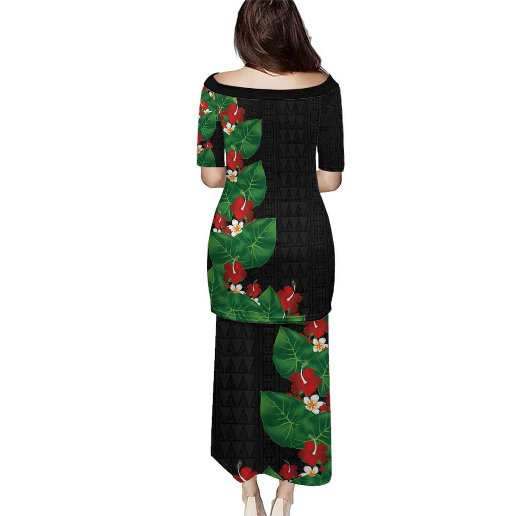 Hawaiian Taro Leaves-Hibiscus and Plumeria Puletasi Polynesian Art-Kakau Tattoo Black