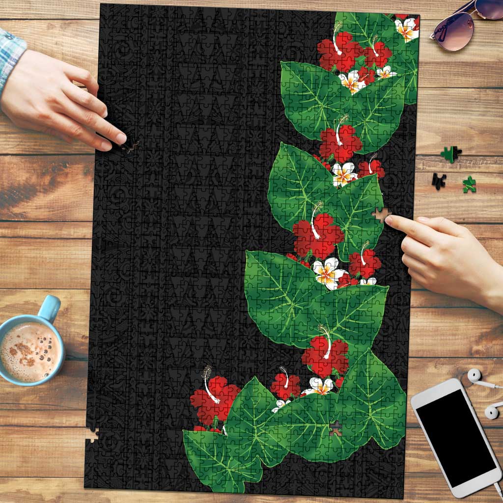 Hawaiian Taro Leaves-Hibiscus and Plumeria Puzzle Polynesian Art-Kakau Tattoo Black