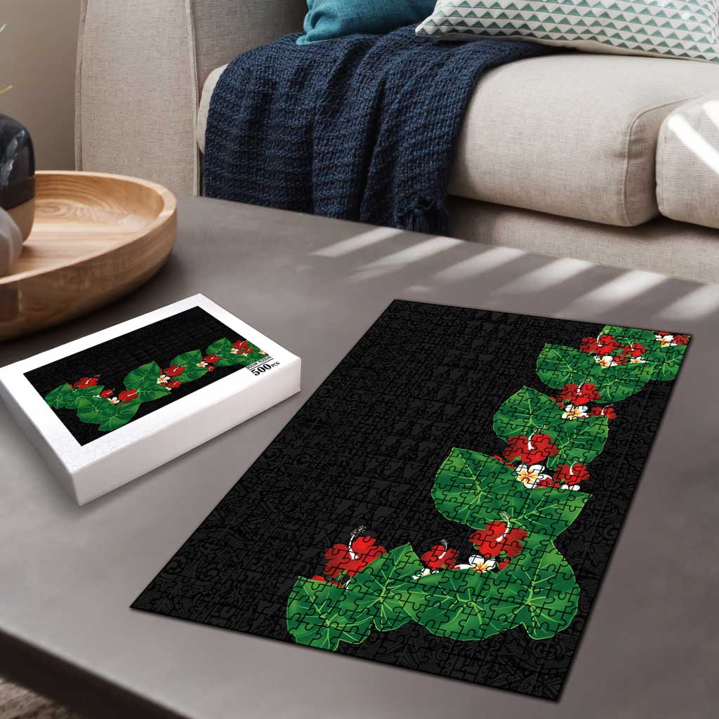 Hawaiian Taro Leaves-Hibiscus and Plumeria Puzzle Polynesian Art-Kakau Tattoo Black