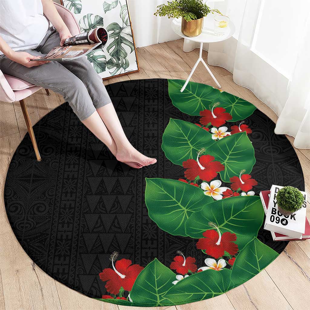 Hawaiian Taro Leaves-Hibiscus and Plumeria Round Carpet Polynesian Art-Kakau Tattoo Black