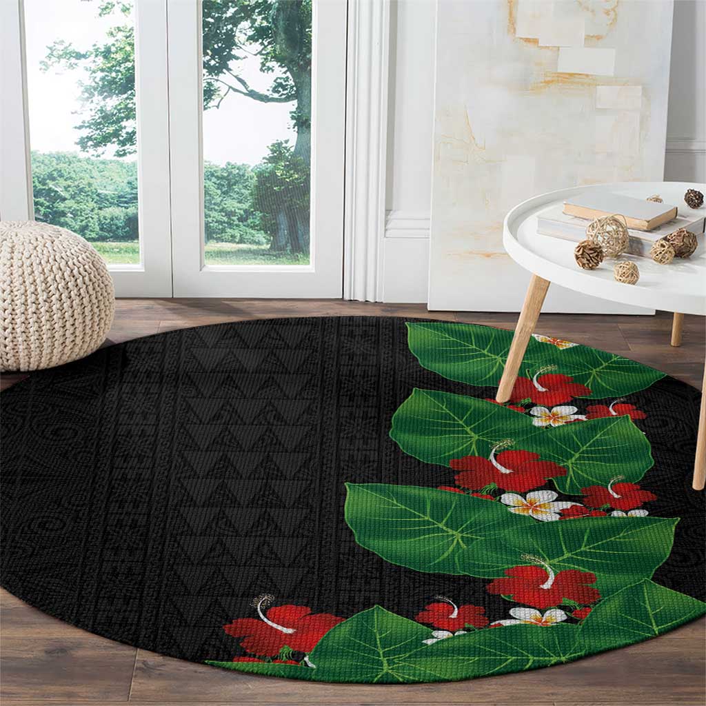 Hawaiian Taro Leaves-Hibiscus and Plumeria Round Carpet Polynesian Art-Kakau Tattoo Black