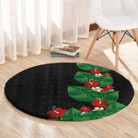 Hawaiian Taro Leaves-Hibiscus and Plumeria Round Carpet Polynesian Art-Kakau Tattoo Black