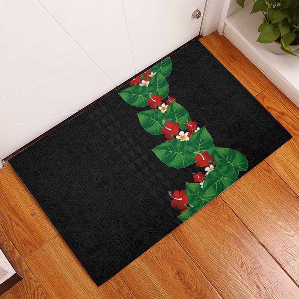Hawaiian Taro Leaves-Hibiscus and Plumeria Rubber Doormat Polynesian Art-Kakau Tattoo Black