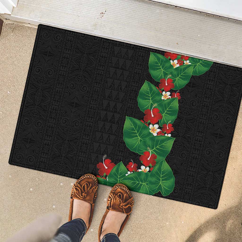 Hawaiian Taro Leaves-Hibiscus and Plumeria Rubber Doormat Polynesian Art-Kakau Tattoo Black