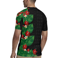 Hawaiian Taro Leaves-Hibiscus and Plumeria Rugby Jersey Polynesian Art-Kakau Tattoo Black