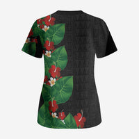 Hawaiian Taro Leaves-Hibiscus and Plumeria Scrub Top Polynesian Art-Kakau Tattoo Black