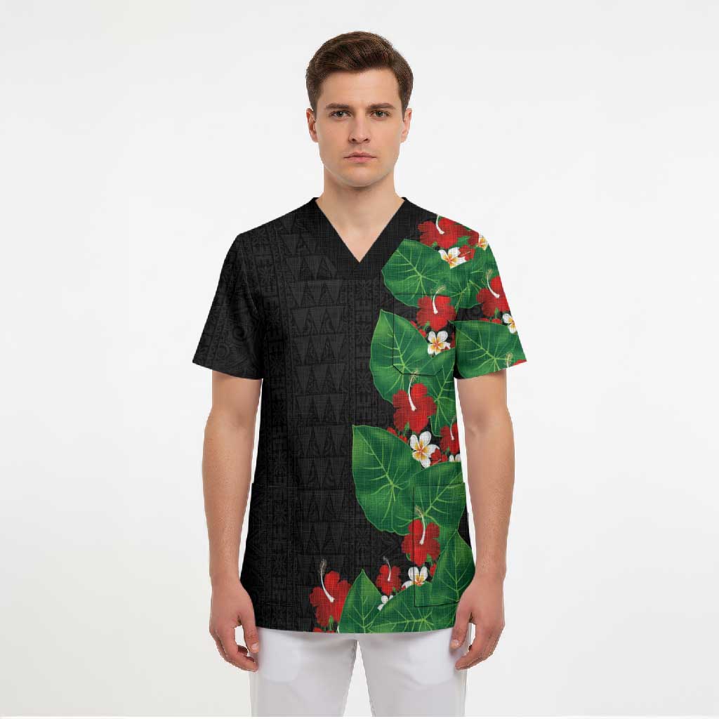 Hawaiian Taro Leaves-Hibiscus and Plumeria Scrub Top Polynesian Art-Kakau Tattoo Black