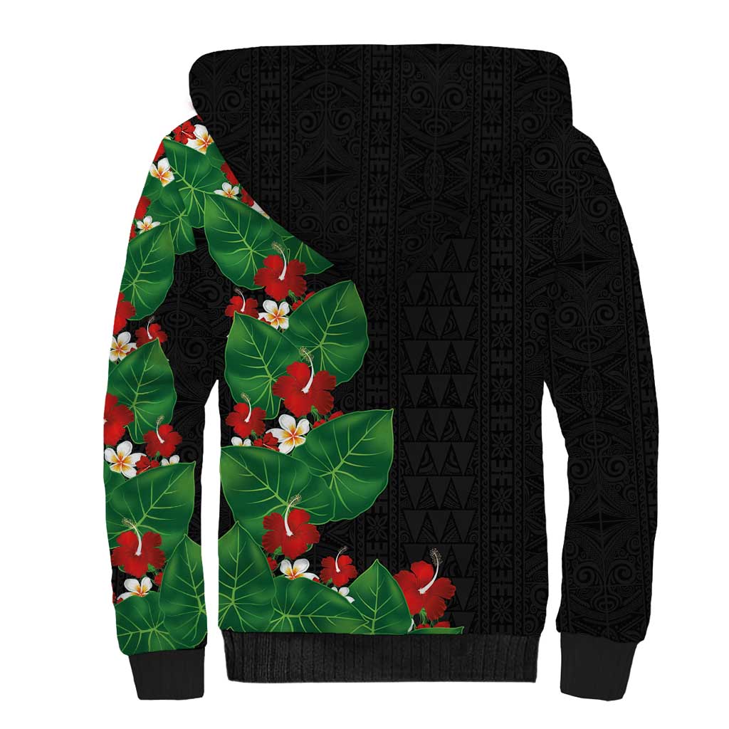 Hawaiian Taro Leaves-Hibiscus and Plumeria Sherpa Hoodie Polynesian Art-Kakau Tattoo Black