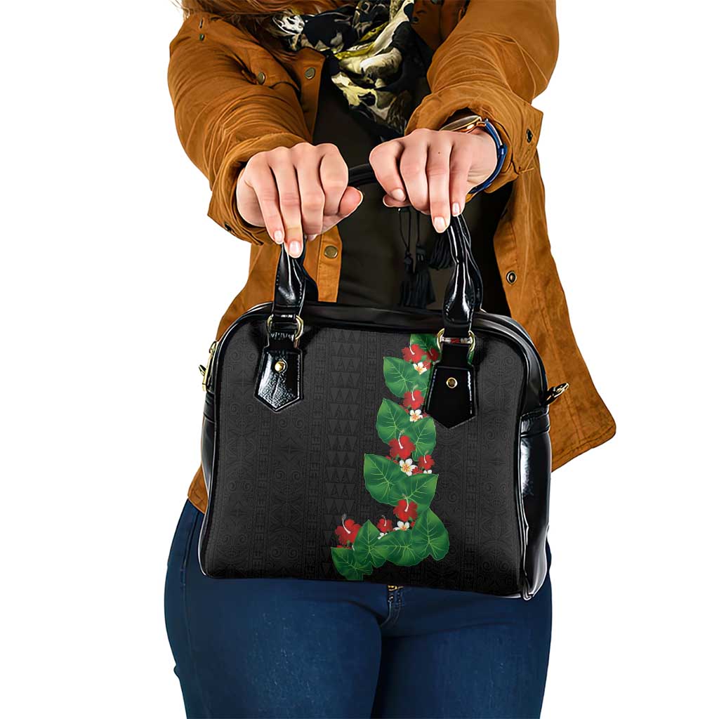 Hawaiian Taro Leaves-Hibiscus and Plumeria Shoulder Handbag Polynesian Art-Kakau Tattoo Black