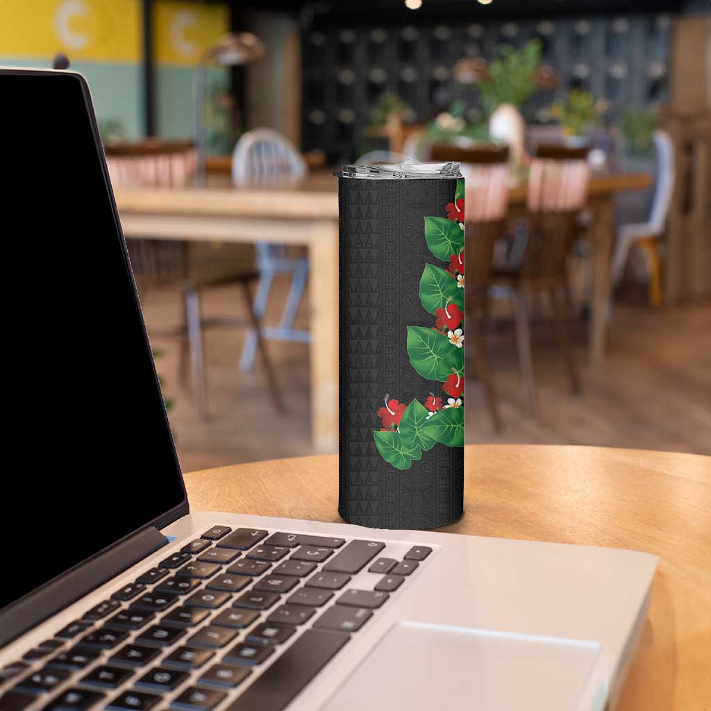 Hawaiian Taro Leaves-Hibiscus and Plumeria Skinny Tumbler Polynesian Art-Kakau Tattoo Black