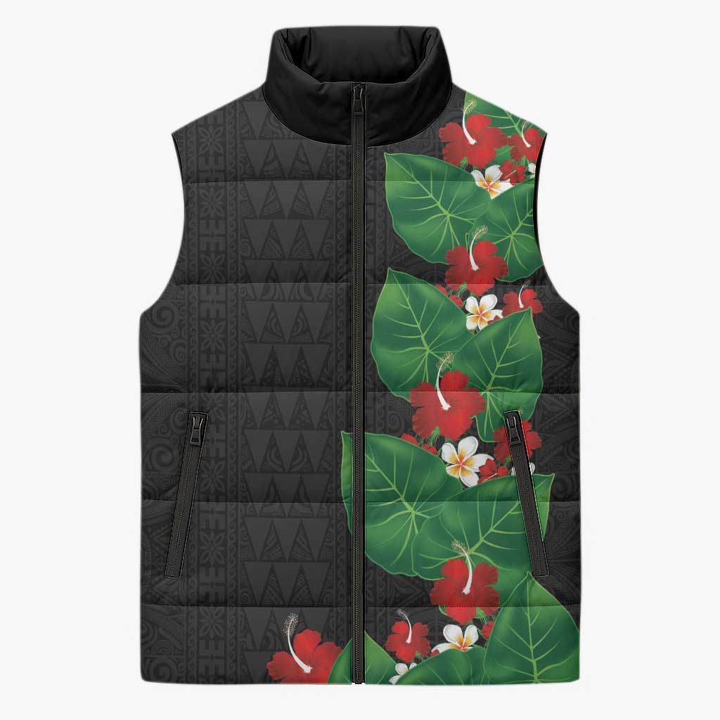 Hawaiian Taro Leaves-Hibiscus and Plumeria Sleeveless Puffer Jacket Polynesian Art-Kakau Tattoo Black