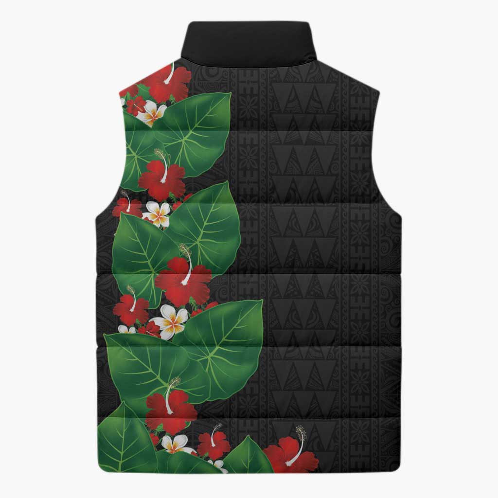 Hawaiian Taro Leaves-Hibiscus and Plumeria Sleeveless Puffer Jacket Polynesian Art-Kakau Tattoo Black