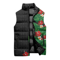 Hawaiian Taro Leaves-Hibiscus and Plumeria Sleeveless Puffer Jacket Polynesian Art-Kakau Tattoo Black