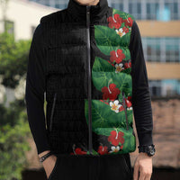 Hawaiian Taro Leaves-Hibiscus and Plumeria Sleeveless Puffer Jacket Polynesian Art-Kakau Tattoo Black