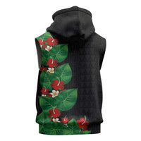 Hawaiian Taro Leaves-Hibiscus and Plumeria Sleeveless Zip Hoodie Polynesian Art-Kakau Tattoo Black