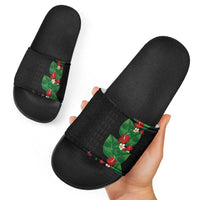 Hawaiian Taro Leaves-Hibiscus and Plumeria Slide Sandals Polynesian Art-Kakau Tattoo Black