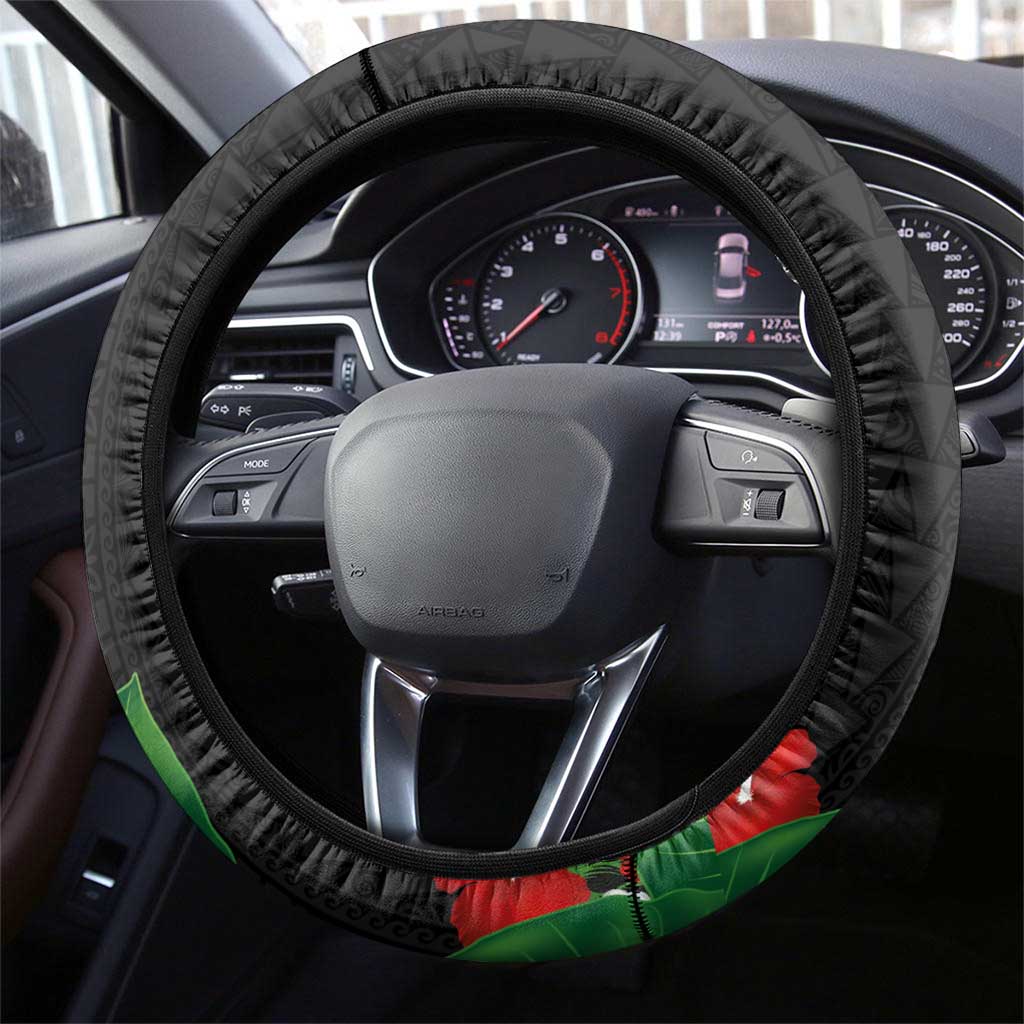 Hawaiian Taro Leaves-Hibiscus and Plumeria Steering Wheel Cover Polynesian Art-Kakau Tattoo Black