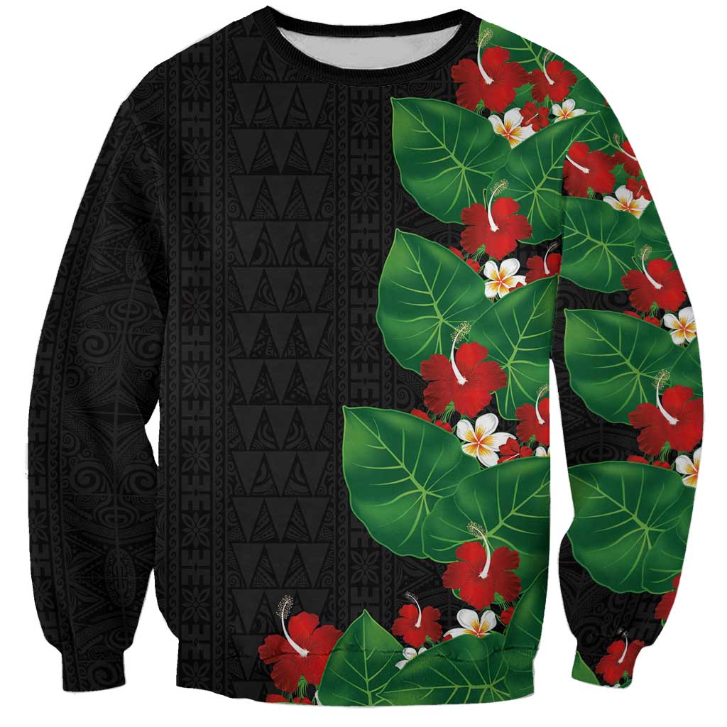 Hawaiian Taro Leaves-Hibiscus and Plumeria Sweatshirt Polynesian Art-Kakau Tattoo Black