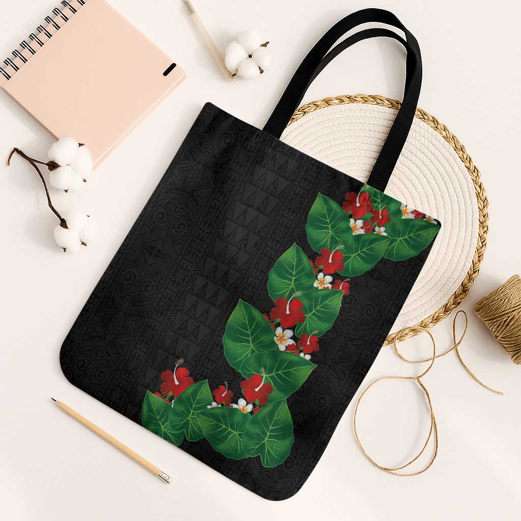 Hawaiian Taro Leaves-Hibiscus and Plumeria Tote Bag Polynesian Art-Kakau Tattoo Black
