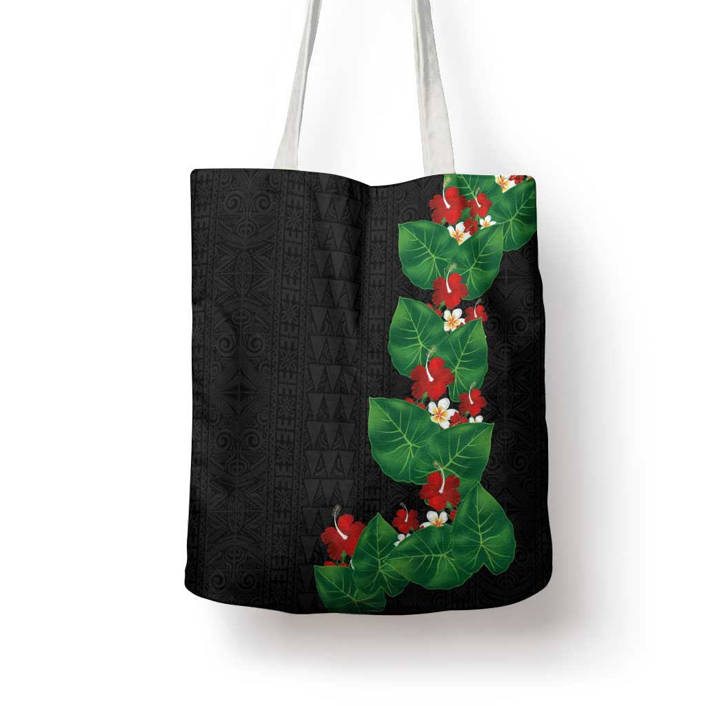 Hawaiian Taro Leaves-Hibiscus and Plumeria Tote Bag Polynesian Art-Kakau Tattoo Black