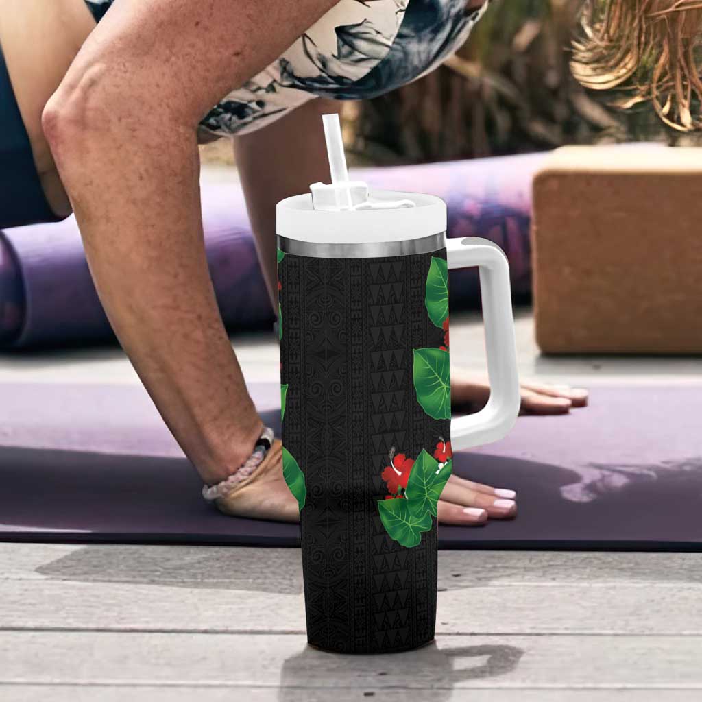 Hawaiian Taro Leaves-Hibiscus and Plumeria Tumbler With Handle Polynesian Art-Kakau Tattoo Black