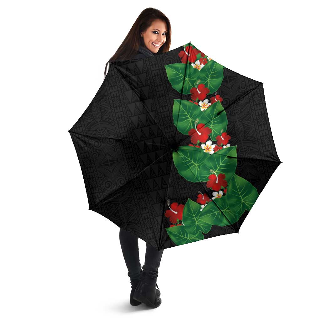 Hawaiian Taro Leaves-Hibiscus and Plumeria Umbrella Polynesian Art-Kakau Tattoo Black