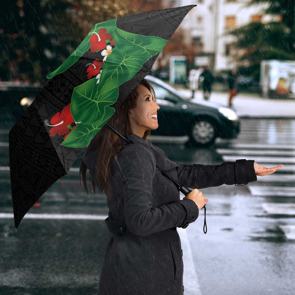 Hawaiian Taro Leaves-Hibiscus and Plumeria Umbrella Polynesian Art-Kakau Tattoo Black