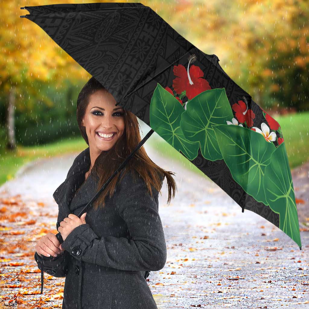 Hawaiian Taro Leaves-Hibiscus and Plumeria Umbrella Polynesian Art-Kakau Tattoo Black