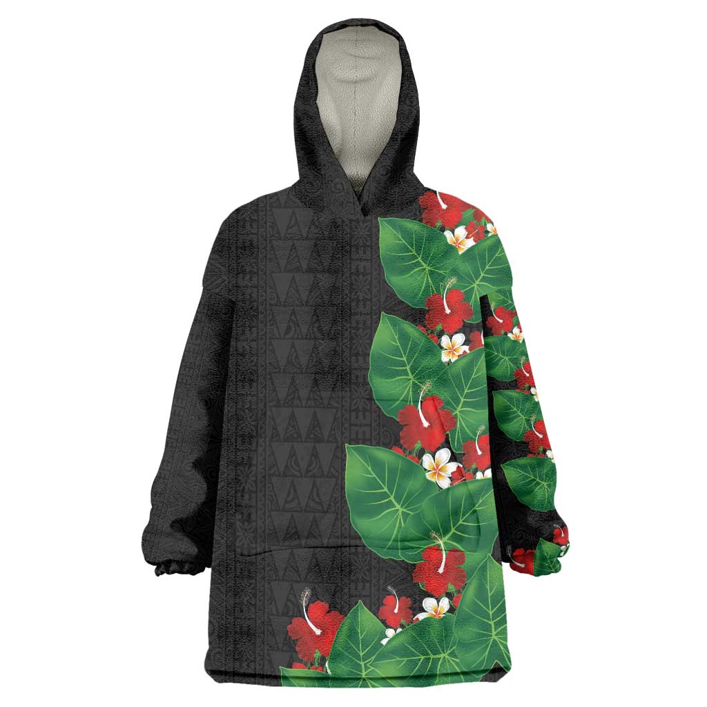Hawaiian Taro Leaves-Hibiscus and Plumeria Wearable Blanket Hoodie Polynesian Art-Kakau Tattoo Black