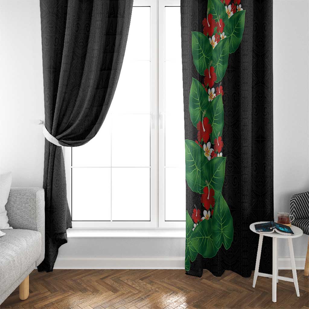Hawaiian Taro Leaves-Hibiscus and Plumeria Window Curtain Polynesian Art-Kakau Tattoo Black