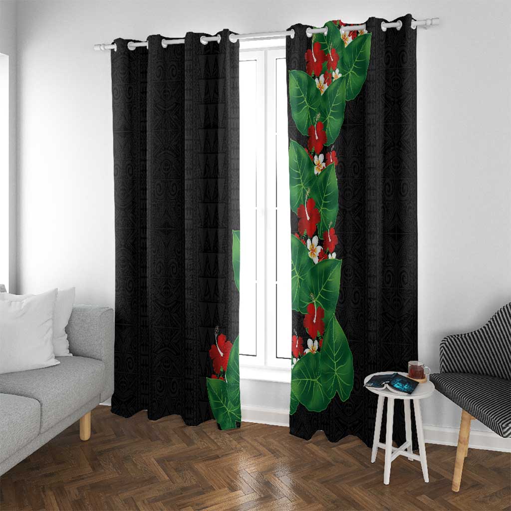 Hawaiian Taro Leaves-Hibiscus and Plumeria Window Curtain Polynesian Art-Kakau Tattoo Black
