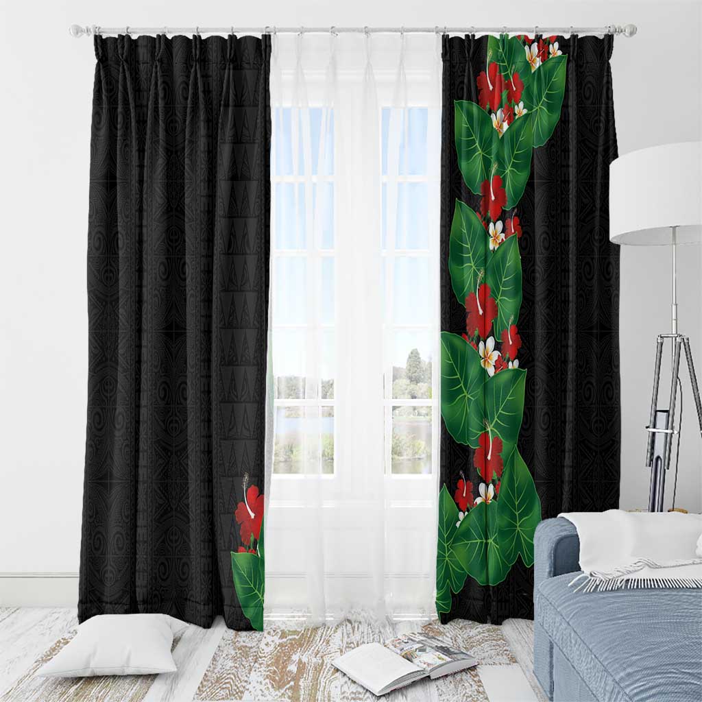 Hawaiian Taro Leaves-Hibiscus and Plumeria Window Curtain Polynesian Art-Kakau Tattoo Black