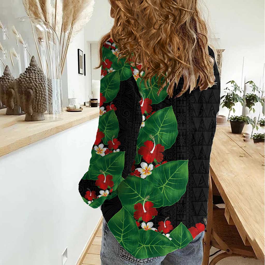 Hawaiian Taro Leaves-Hibiscus and Plumeria Women Casual Shirt Polynesian Art-Kakau Tattoo Black